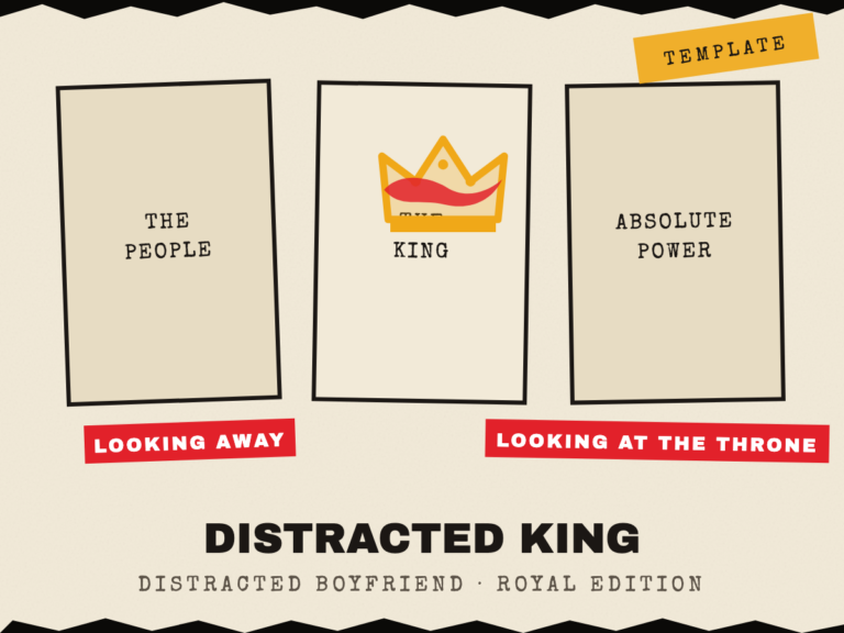 Meme template: Distracted King. Three labelled panels: the people, the king, absolute power.